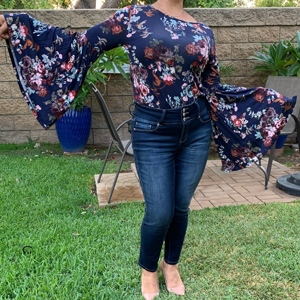 Navy blue floral blouse with bell sleeves